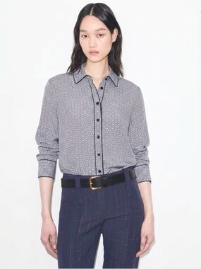 TORY BURCH Women's Silk Gemini-Link Print Long Sleeve Shirt - Grey/ White, Sz 2